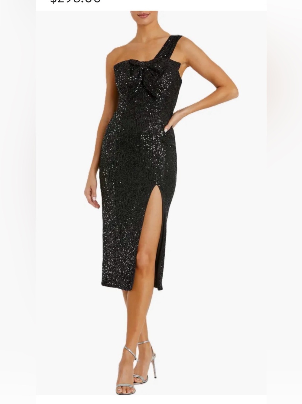 Mac Duggal Black One-Shoulder Sequin Midi Dress with Bow size 6 BNWT